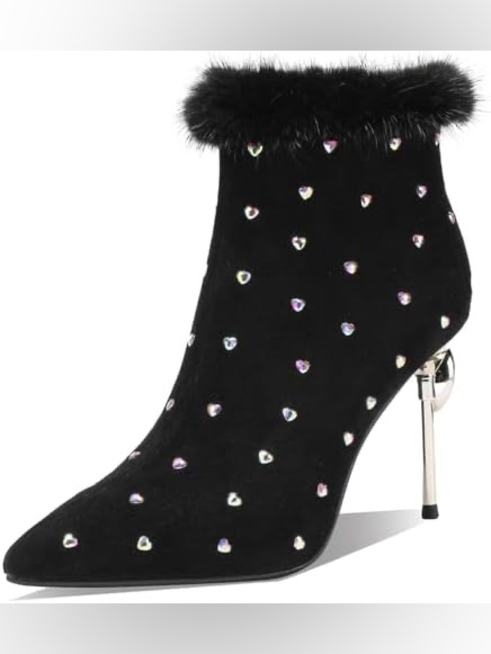 Black Faux-Fur Trim Heart-Embellished Anklee Boot 9.5 womens